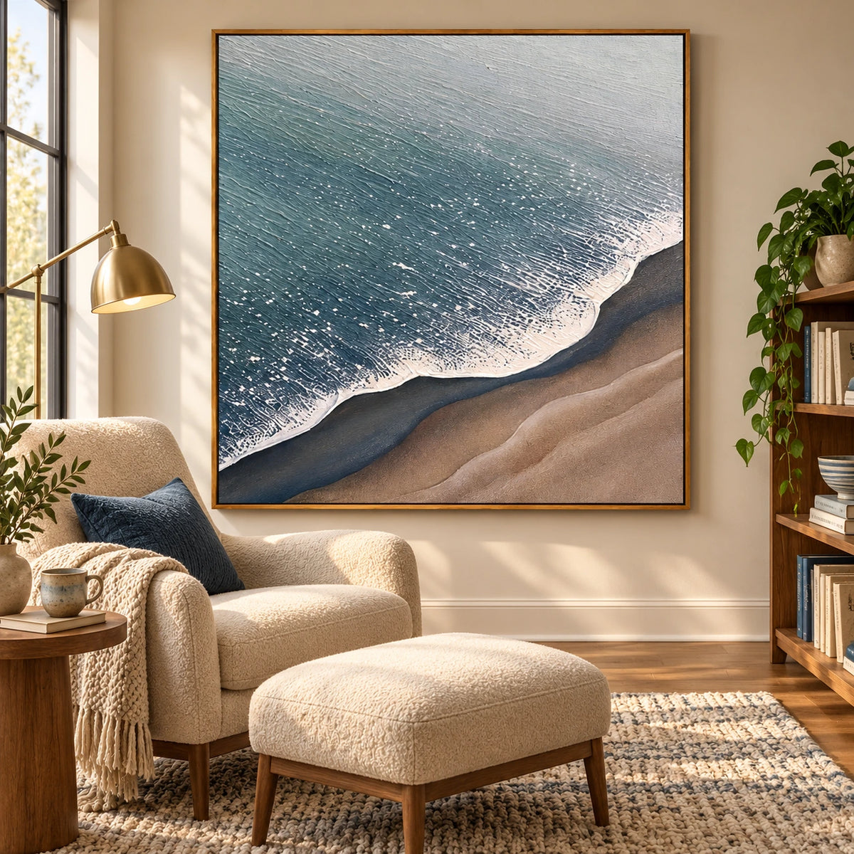 Blue Ocean Foam and Sandy Beach Oil Painting | Aerial Shoreline Neutral Coastal Textured Square Wall Art OA 1672