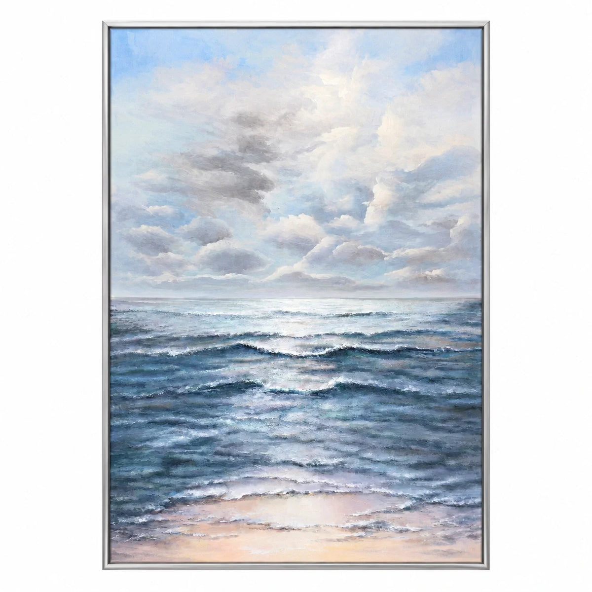Blue Ocean Waves Oil Painting | Soft Cloudy Sky and Peach Shoreline Vertical Coastal Seascape Wall Art #OA 1796