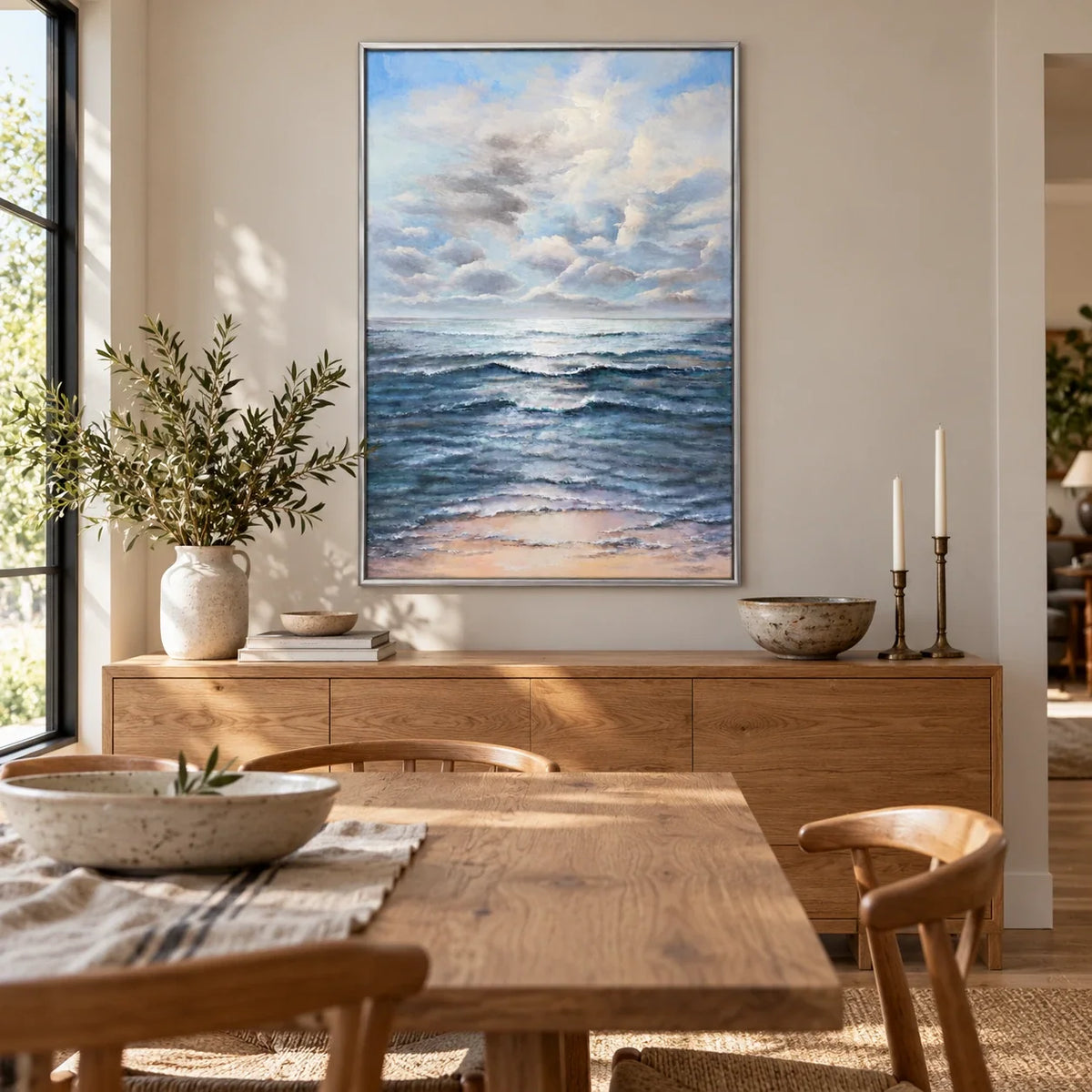 Blue Ocean Waves Oil Painting | Soft Cloudy Sky and Peach Shoreline Vertical Coastal Seascape Wall Art #OA 1796