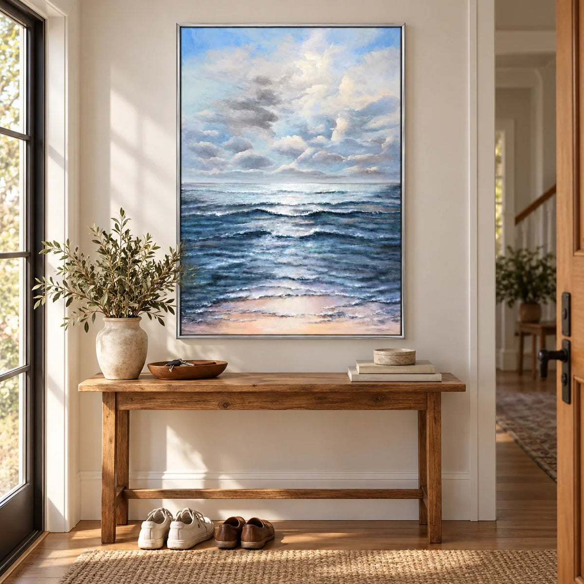 Blue Ocean Waves Oil Painting | Soft Cloudy Sky and Peach Shoreline Vertical Coastal Seascape Wall Art #OA 1796