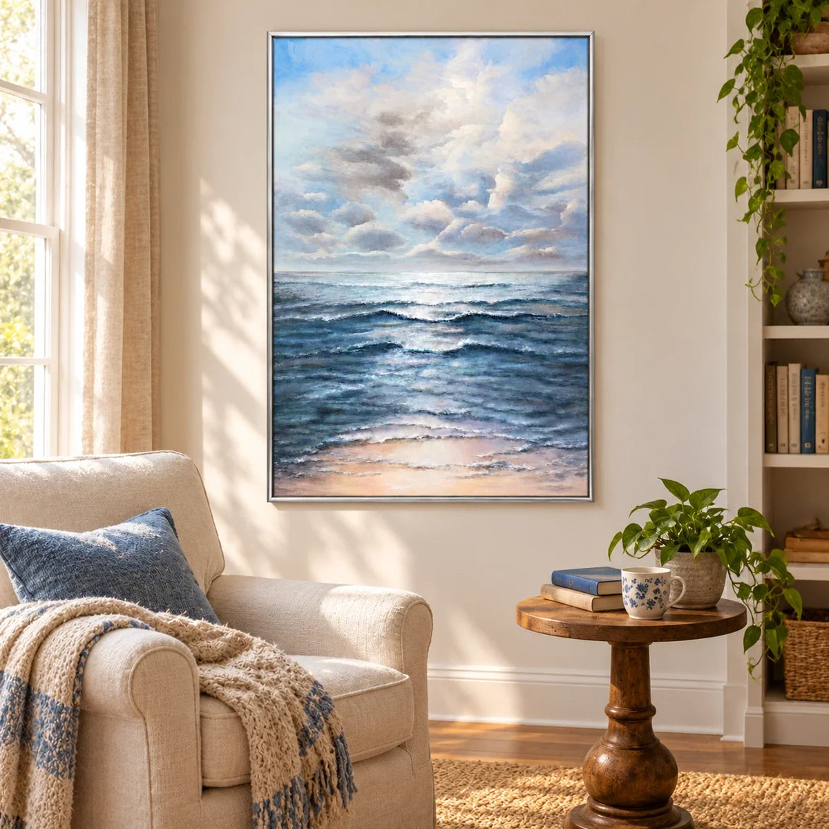 Blue Ocean Waves Oil Painting | Soft Cloudy Sky and Peach Shoreline Vertical Coastal Seascape Wall Art #OA 1796