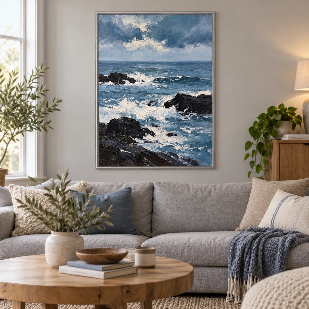 Blue Ocean Waves and Black Rocks Oil Painting | White Foam Cloudy Sky Textured Vertical Coastal Seascape Wall Art OA 1777