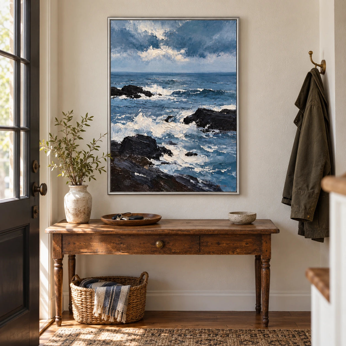 Blue Ocean Waves and Black Rocks Oil Painting | White Foam Cloudy Sky Textured Vertical Coastal Seascape Wall Art OA 1777