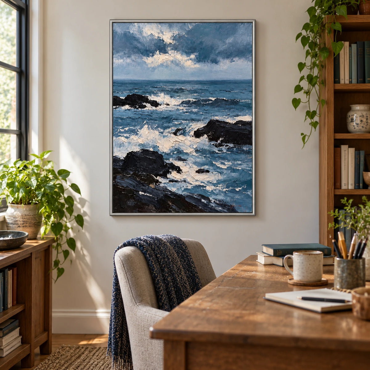 Blue Ocean Waves and Black Rocks Oil Painting | White Foam Cloudy Sky Textured Vertical Coastal Seascape Wall Art OA 1777