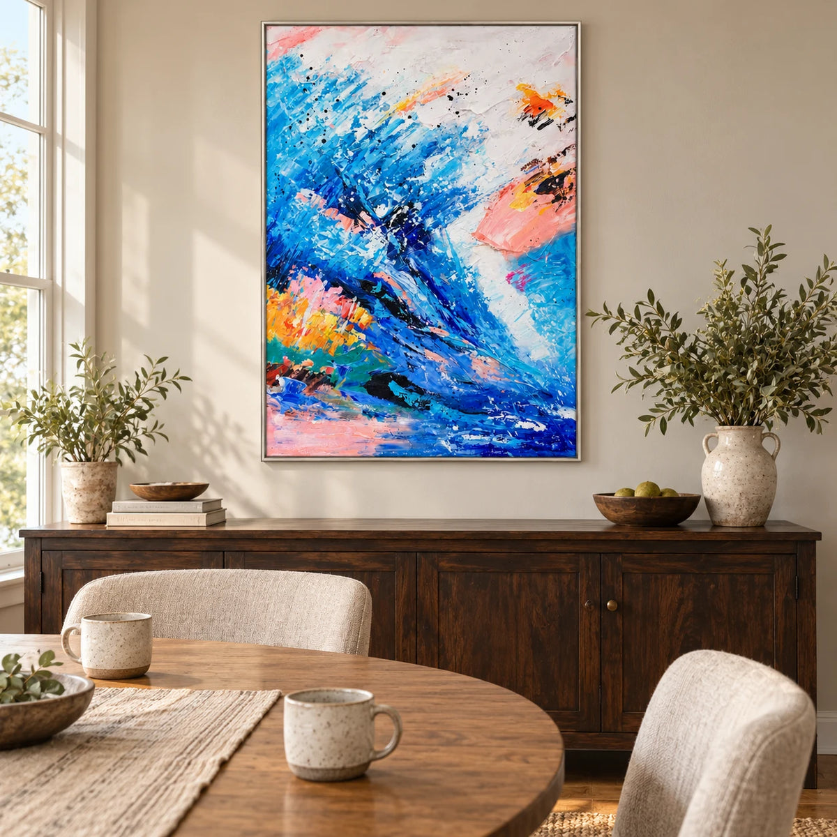 Blue Pink and Orange Abstract Wave Oil Painting | Expressive Brushstrokes Vertical Colorful Canvas Wall Art #OA 1827