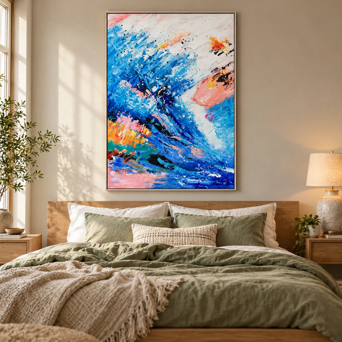 Blue Pink and Orange Abstract Wave Oil Painting | Expressive Brushstrokes Vertical Colorful Canvas Wall Art #OA 1827