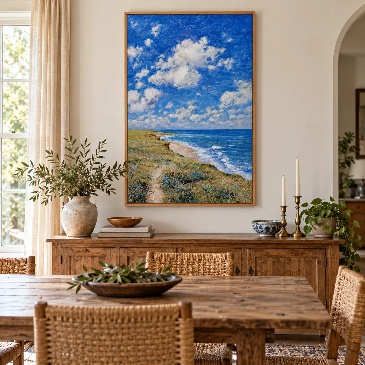 Blue Sky and Coastal Meadow Hand-Painted Oil Painting | Cloudy Seaside Landscape Canvas Wall Art #OA 1836