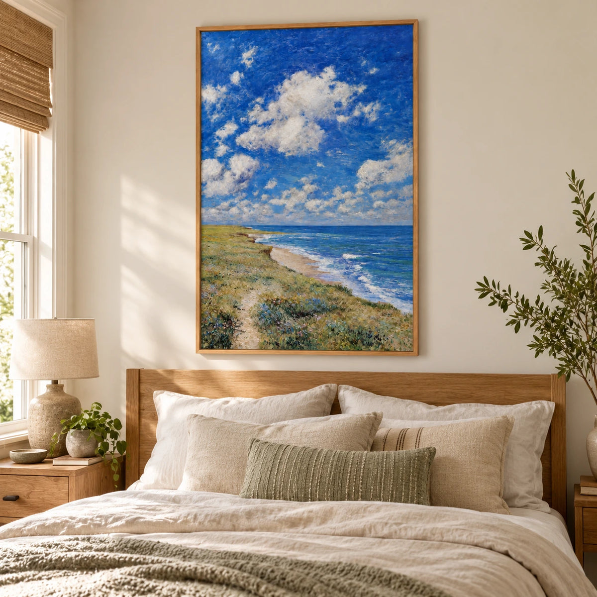 Blue Sky and Coastal Meadow Hand-Painted Oil Painting | Cloudy Seaside Landscape Canvas Wall Art #OA 1836
