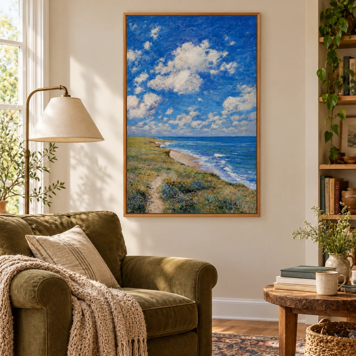 Blue Sky and Coastal Meadow Hand-Painted Oil Painting | Cloudy Seaside Landscape Canvas Wall Art #OA 1836