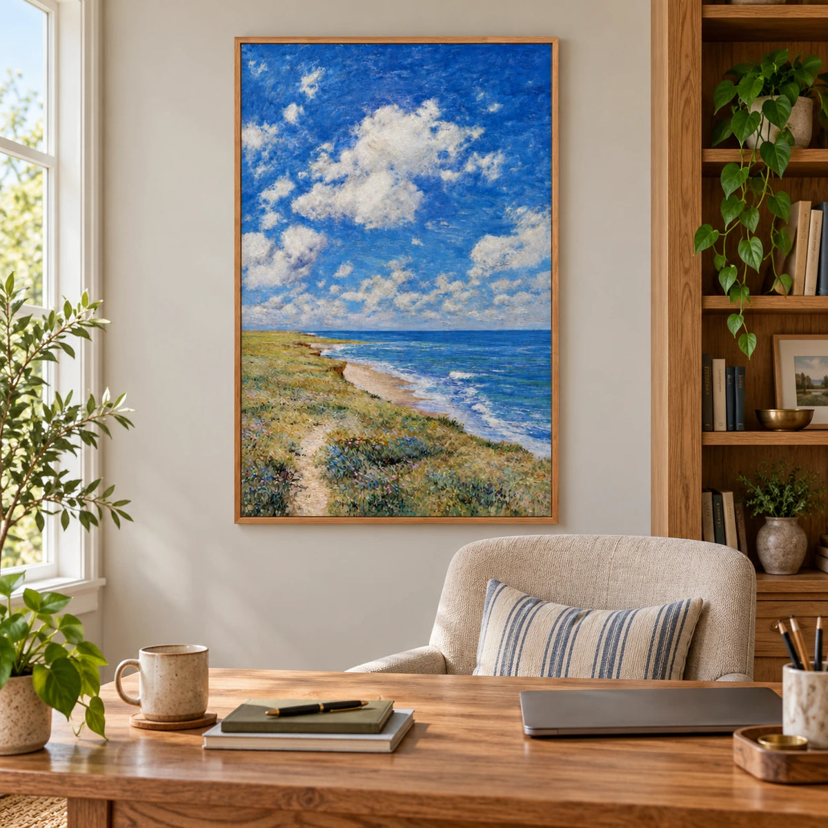 Blue Sky and Coastal Meadow Hand-Painted Oil Painting | Cloudy Seaside Landscape Canvas Wall Art #OA 1836