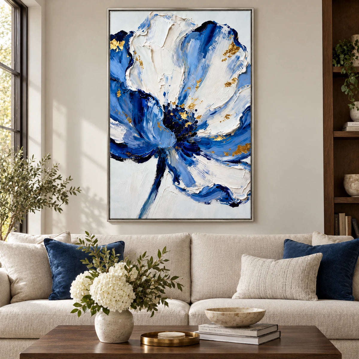 Blue White and Gold Flower Oil Painting | Large Floral Impasto Textured Vertical Wall Art #OA 1621