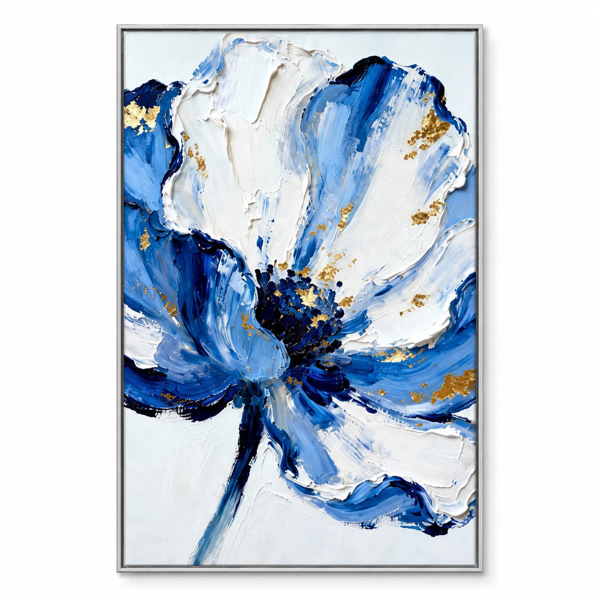 Blue White and Gold Flower Oil Painting | Large Floral Impasto Textured Vertical Wall Art #OA 1621