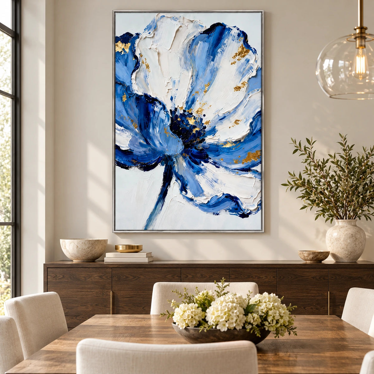 Blue White and Gold Flower Oil Painting | Large Floral Impasto Textured Vertical Wall Art #OA 1621