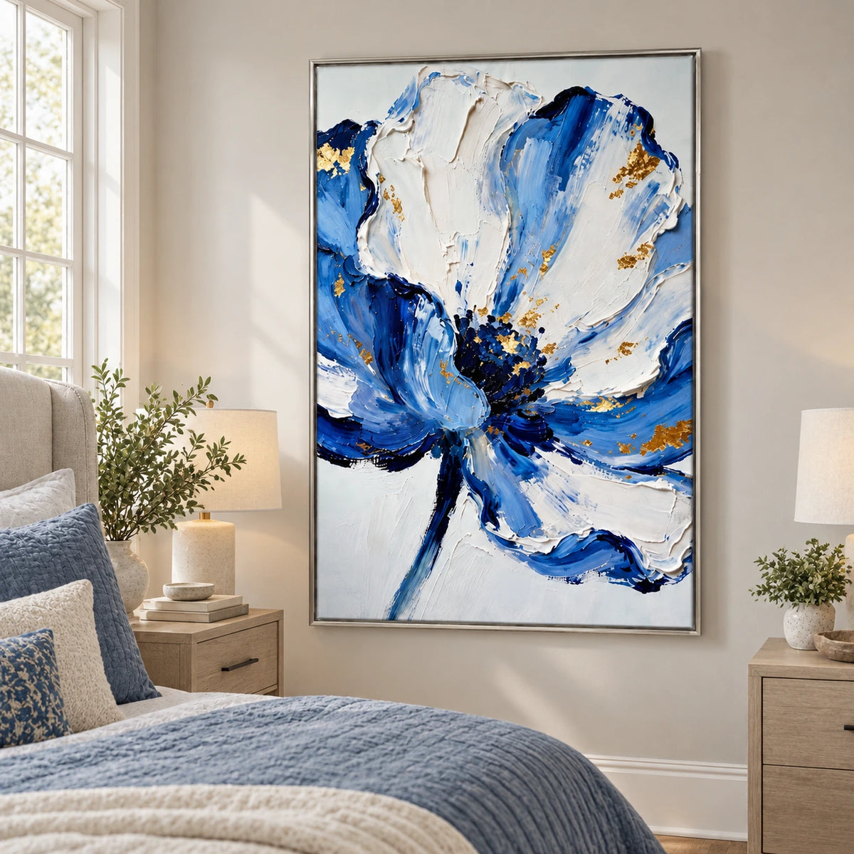 Blue White and Gold Flower Oil Painting | Large Floral Impasto Textured Vertical Wall Art #OA 1621