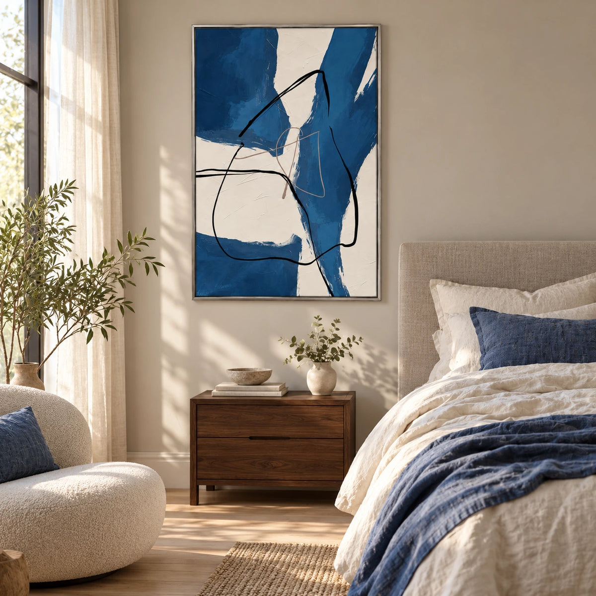 Blue and Ivory Abstract Oil Painting | Bold Brushstrokes and Flowing Black Lines Vertical Wall Art #OA 1657