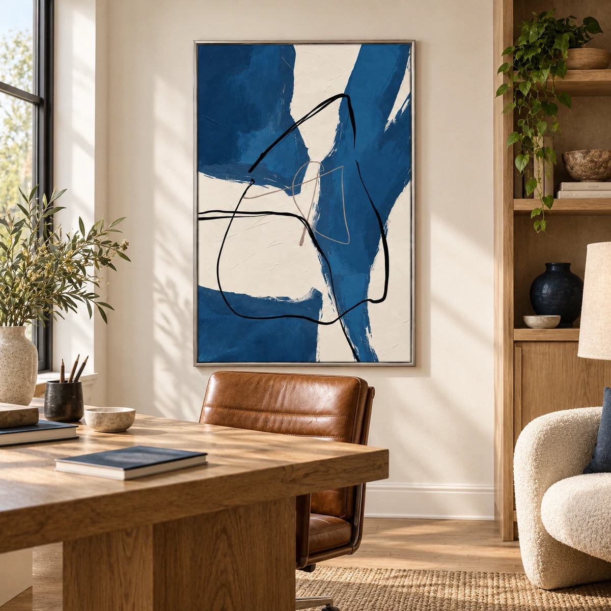 Blue and Ivory Abstract Oil Painting | Bold Brushstrokes and Flowing Black Lines Vertical Wall Art #OA 1657