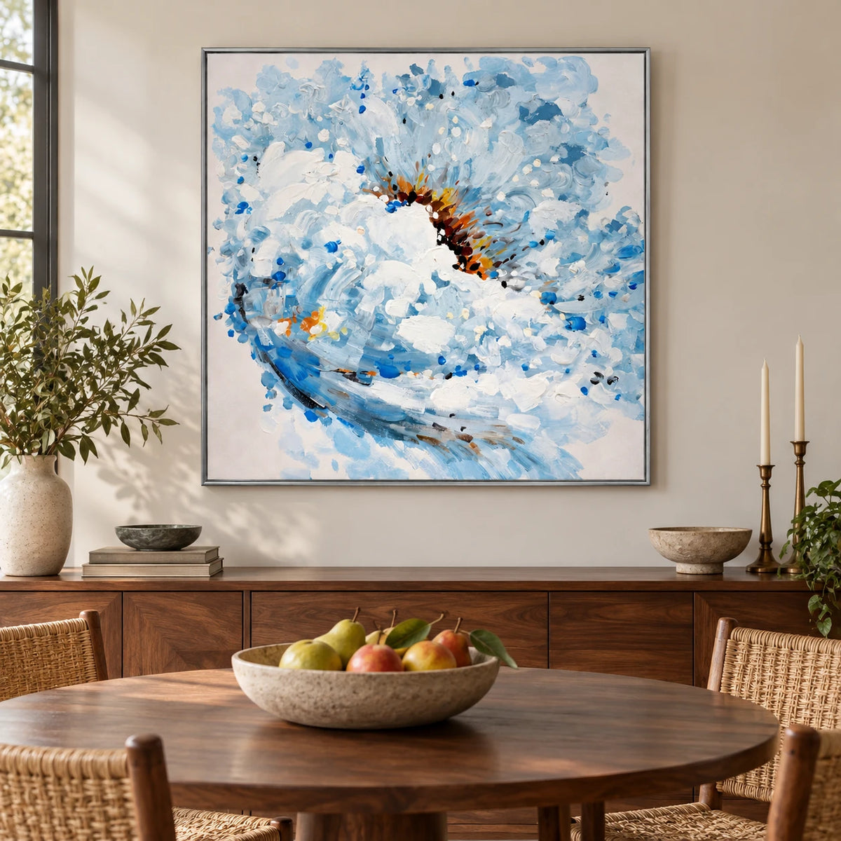 Blue and White Flower Oil Painting | Expressive Petals and Warm Gold Center Textured Square Floral Wall Art #OA 1812