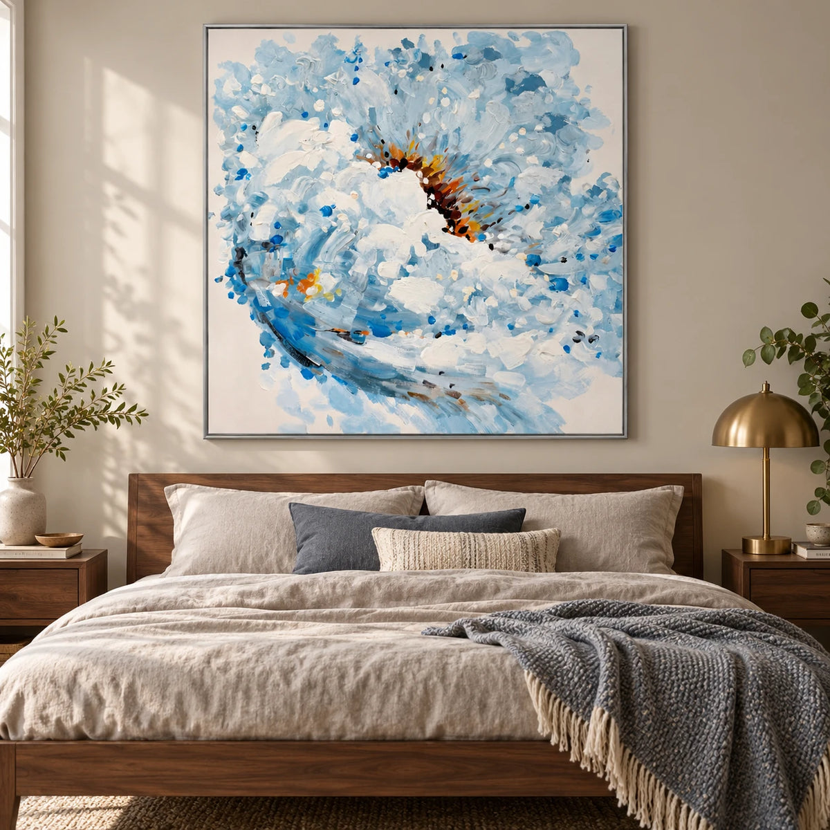 Blue and White Flower Oil Painting | Expressive Petals and Warm Gold Center Textured Square Floral Wall Art #OA 1812