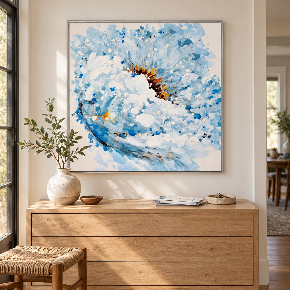 Blue and White Flower Oil Painting | Expressive Petals and Warm Gold Center Textured Square Floral Wall Art #OA 1812