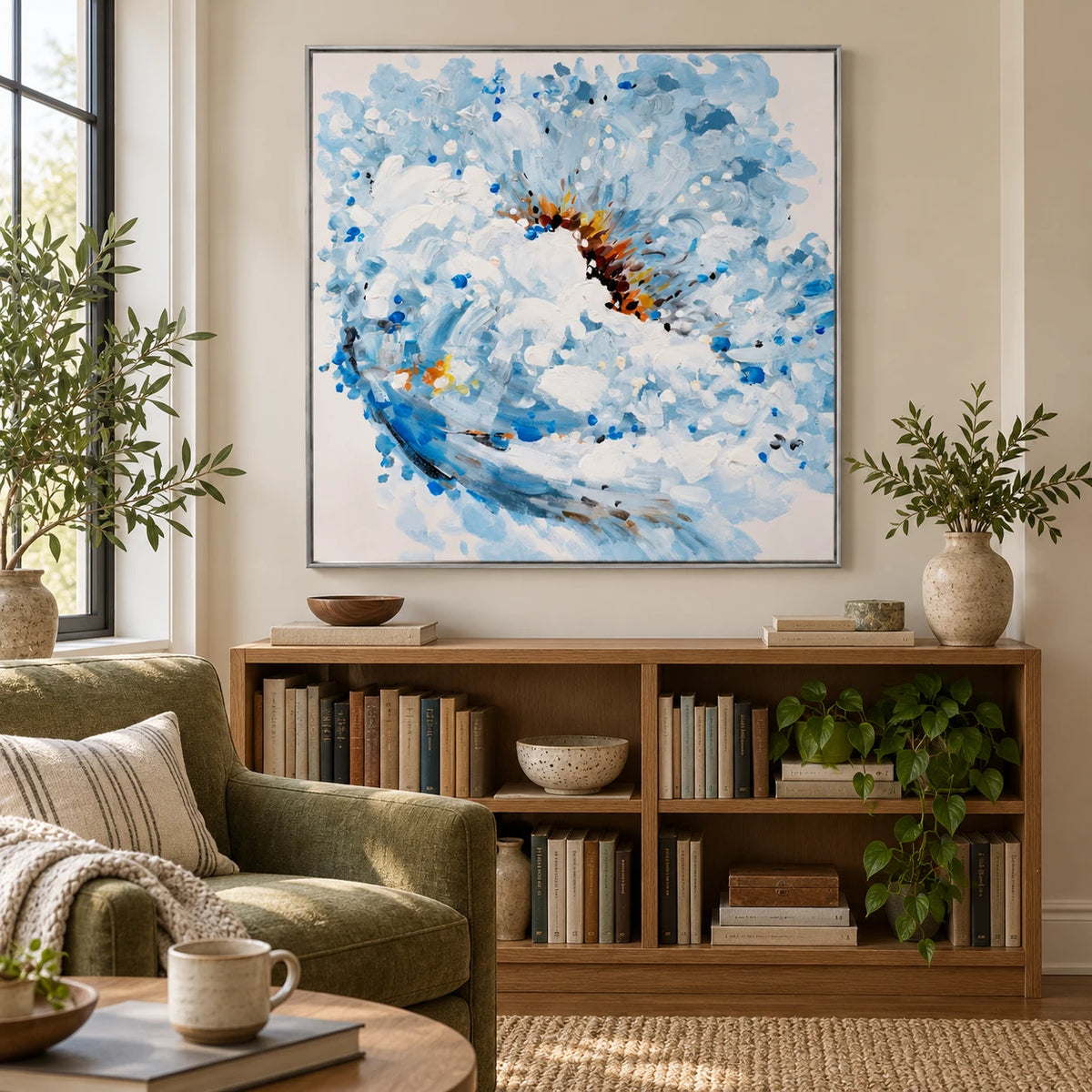 Blue and White Flower Oil Painting | Expressive Petals and Warm Gold Center Textured Square Floral Wall Art #OA 1812