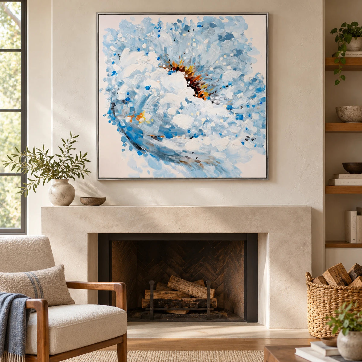 Blue and White Flower Oil Painting | Expressive Petals and Warm Gold Center Textured Square Floral Wall Art #OA 1812