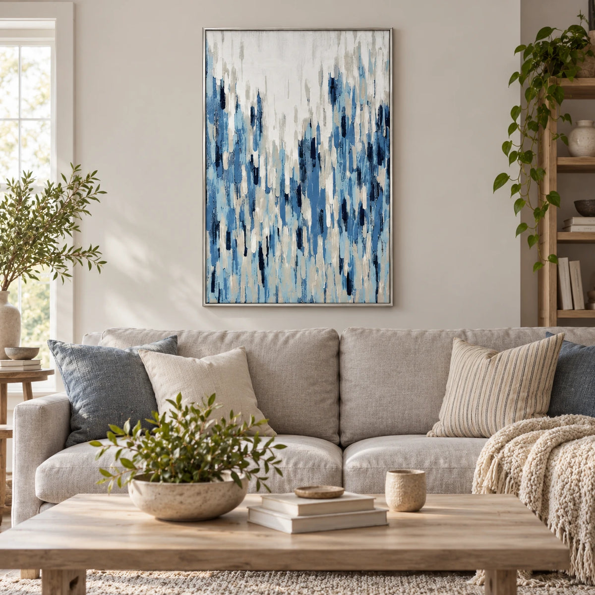 Blue and White Vertical Strokes Oil Painting | Navy Pale Blue Grey Textured Modern Abstract Wall Art OA 1765