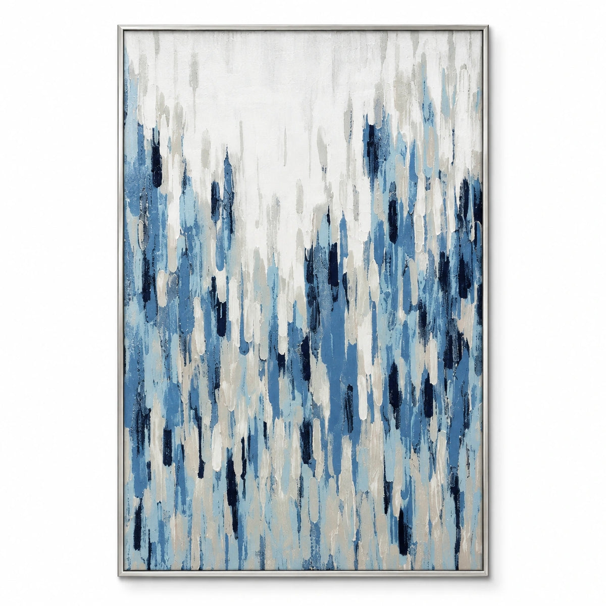 Blue and White Vertical Strokes Oil Painting | Navy Pale Blue Grey Textured Modern Abstract Wall Art OA 1765