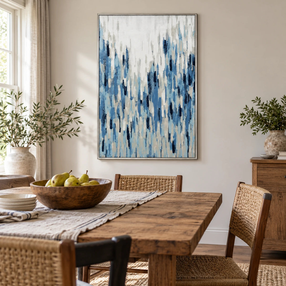 Blue and White Vertical Strokes Oil Painting | Navy Pale Blue Grey Textured Modern Abstract Wall Art OA 1765