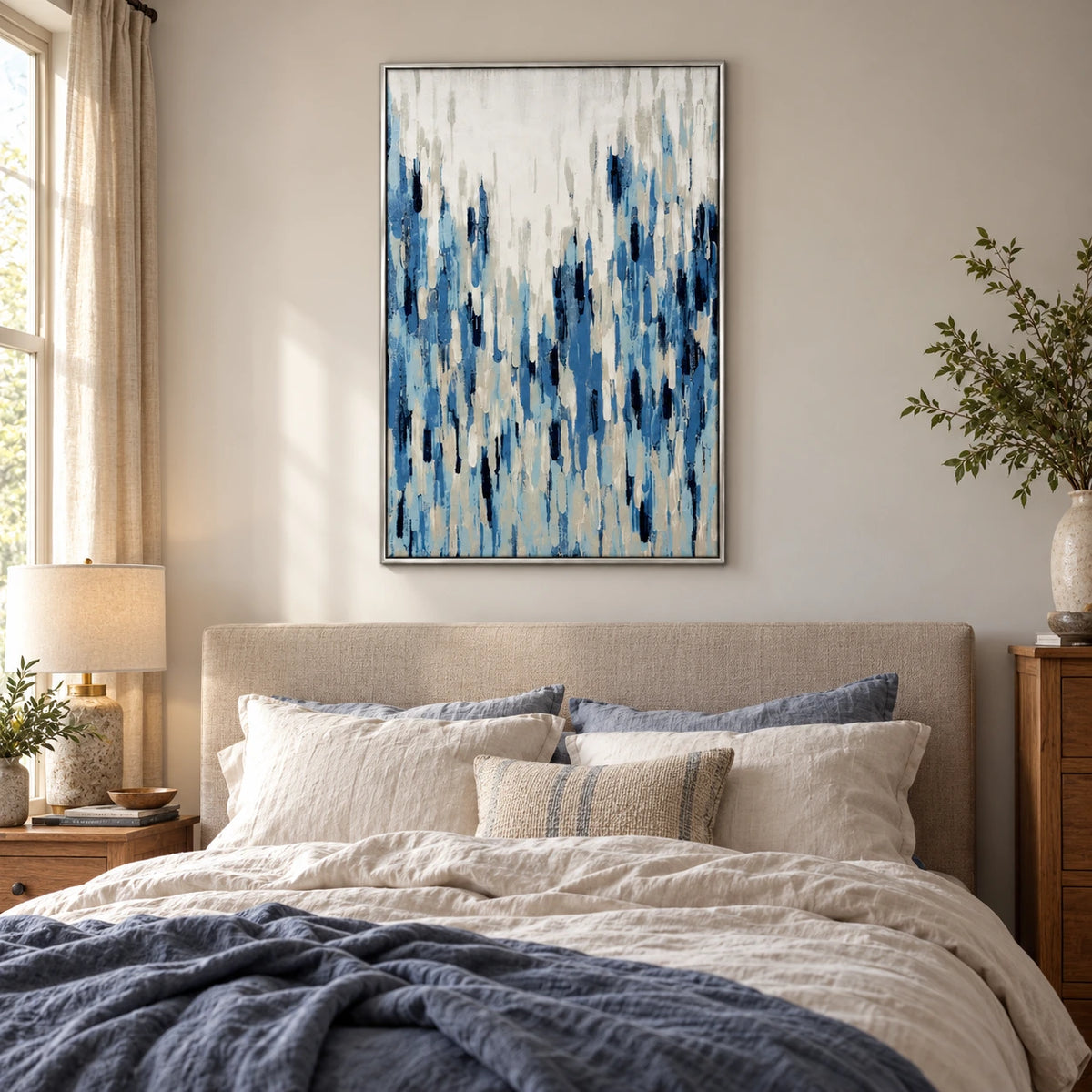 Blue and White Vertical Strokes Oil Painting | Navy Pale Blue Grey Textured Modern Abstract Wall Art OA 1765