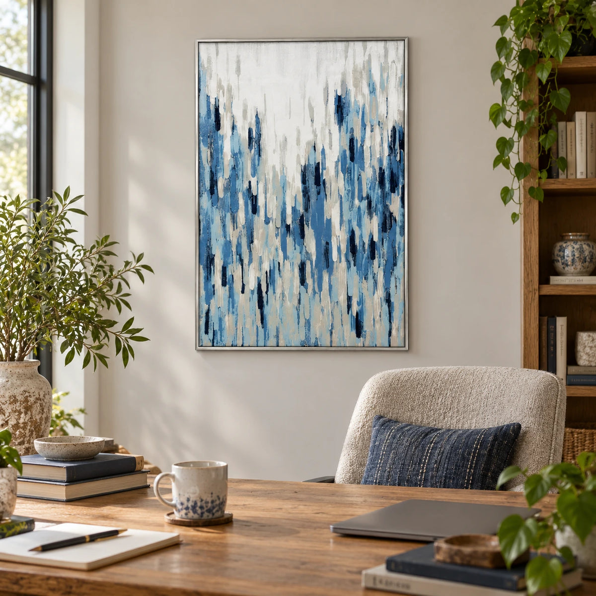 Blue and White Vertical Strokes Oil Painting | Navy Pale Blue Grey Textured Modern Abstract Wall Art OA 1765