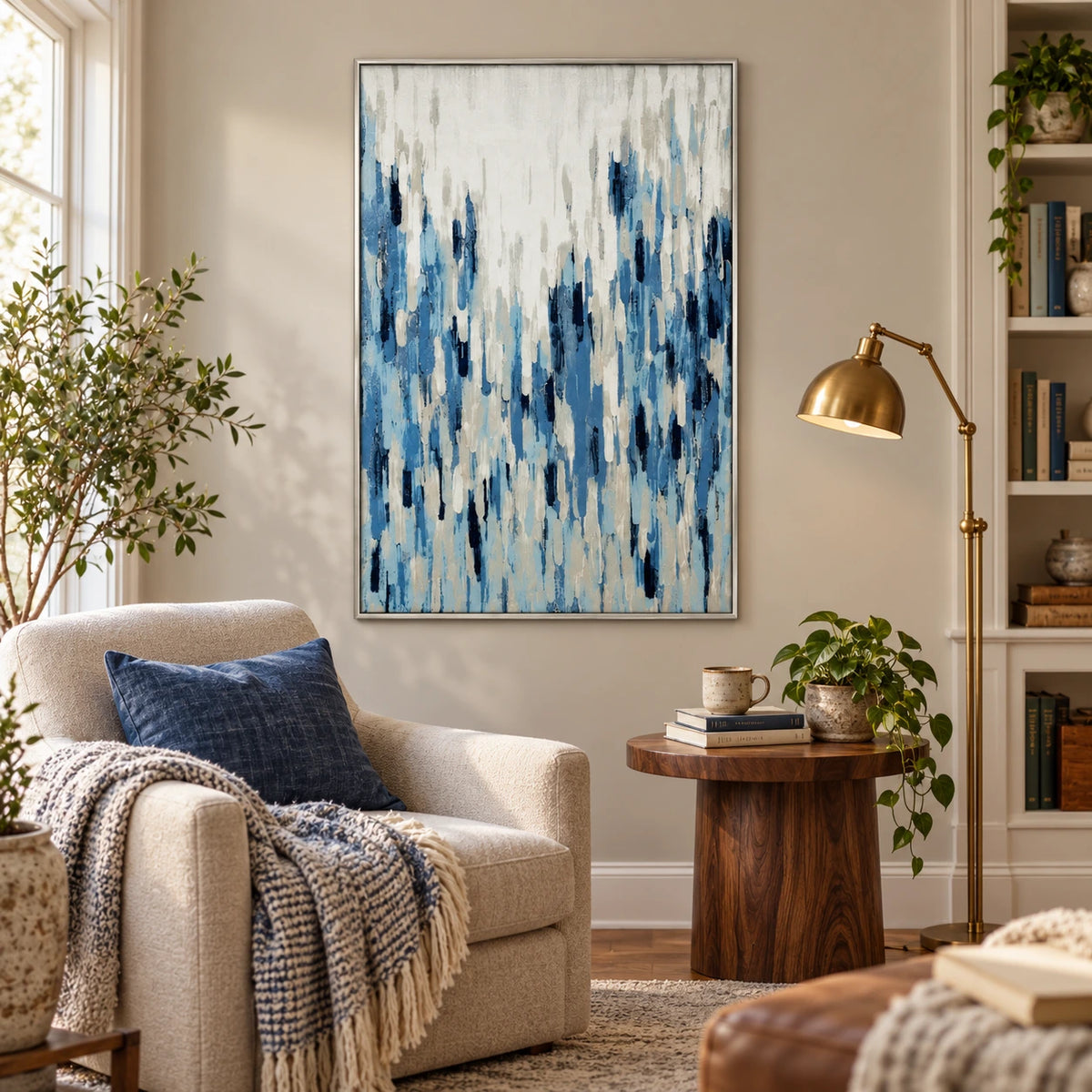 Blue and White Vertical Strokes Oil Painting | Navy Pale Blue Grey Textured Modern Abstract Wall Art OA 1765