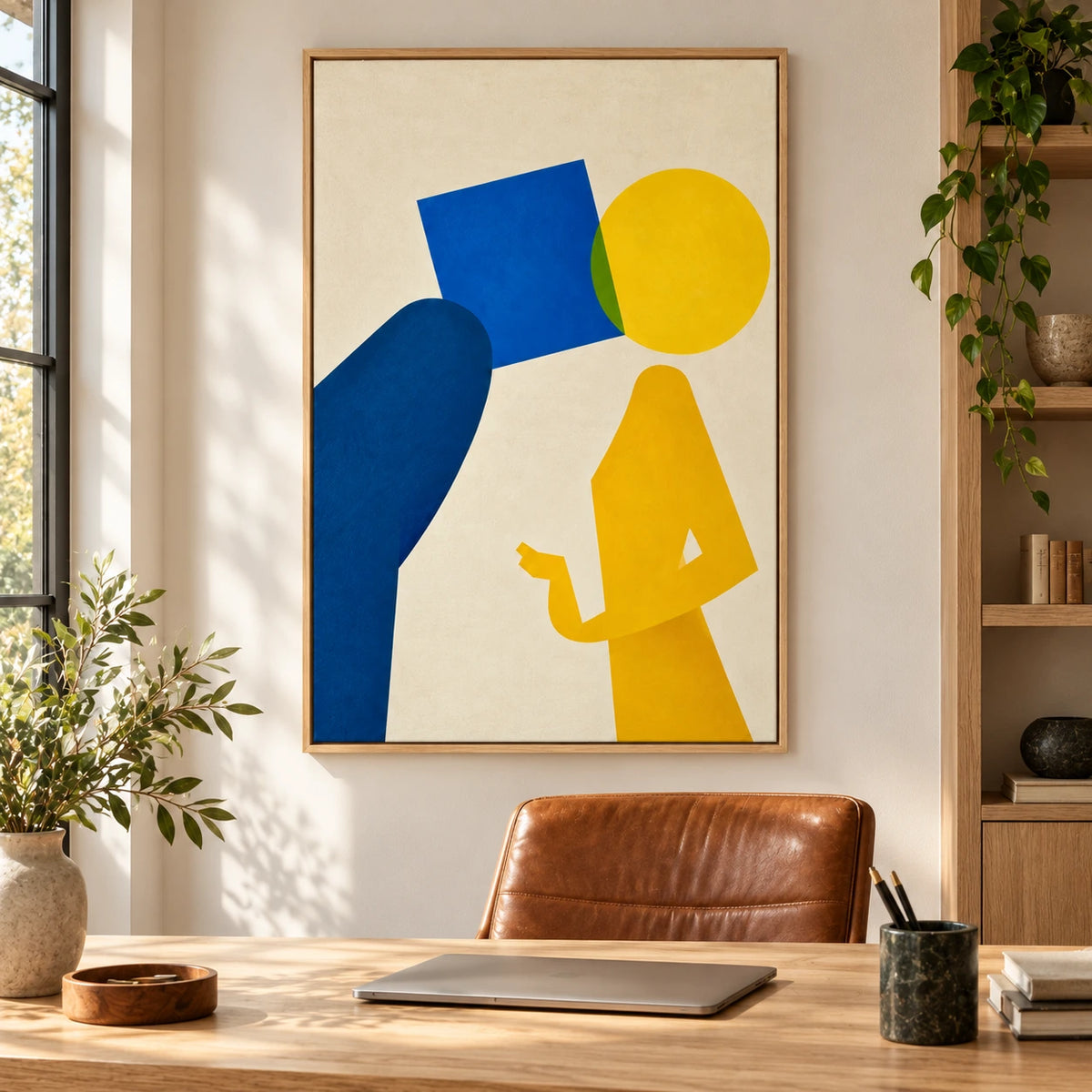 Blue and Yellow Geometric Figure Oil Painting | Minimalist Abstract Portrait on Cream Vertical Wall Art #OA 1647