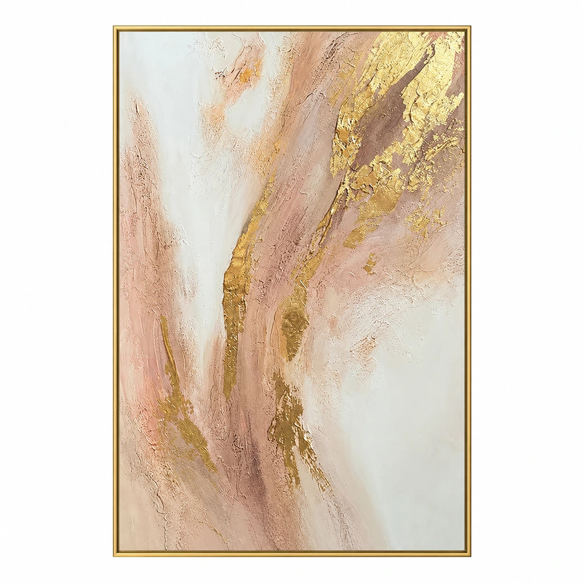 Blush Pink Ivory and Gold Abstract Oil Painting | Flowing Metallic Accents Vertical Neutral Textured Wall Art #OA 1835
