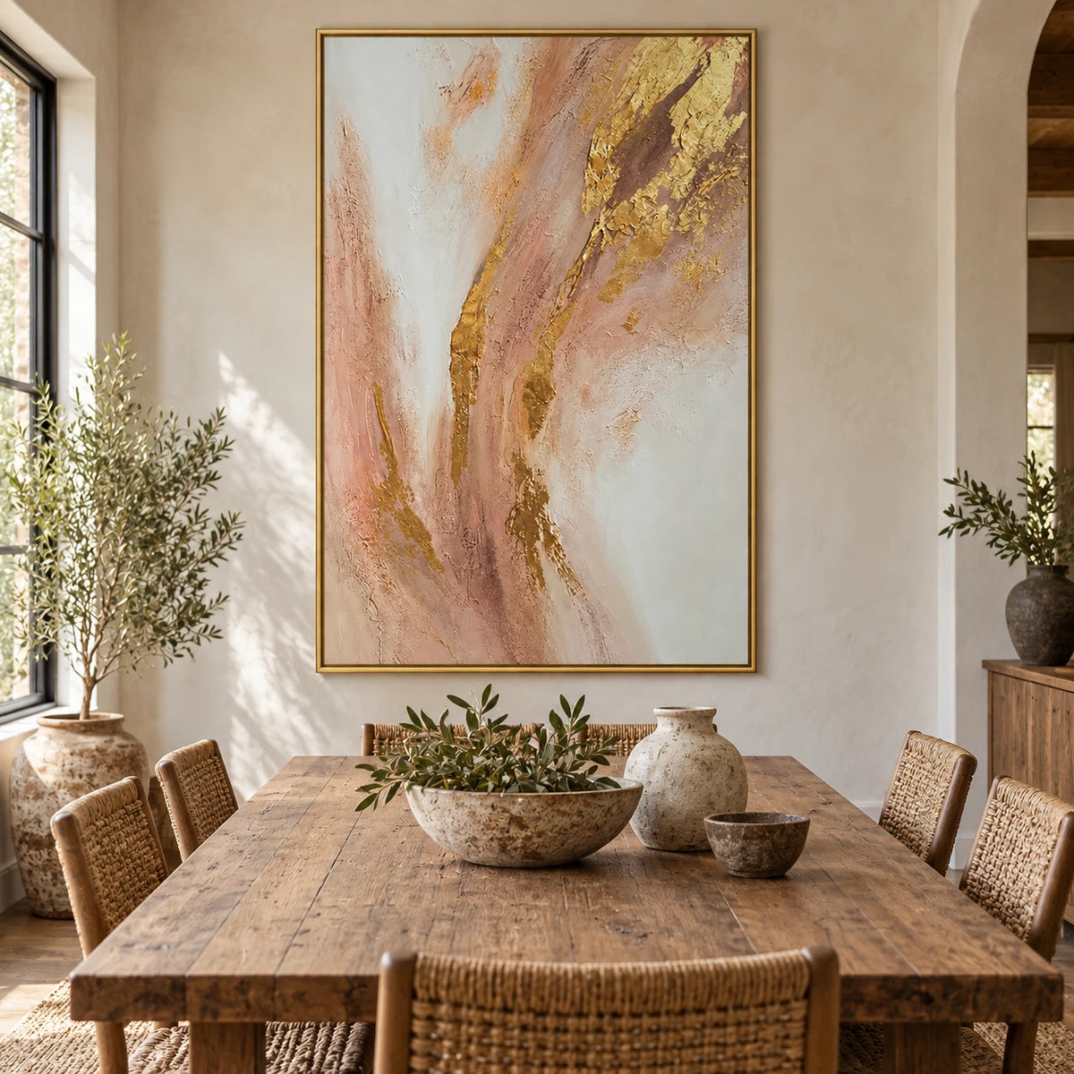 Blush Pink Ivory and Gold Abstract Oil Painting | Flowing Metallic Accents Vertical Neutral Textured Wall Art #OA 1835