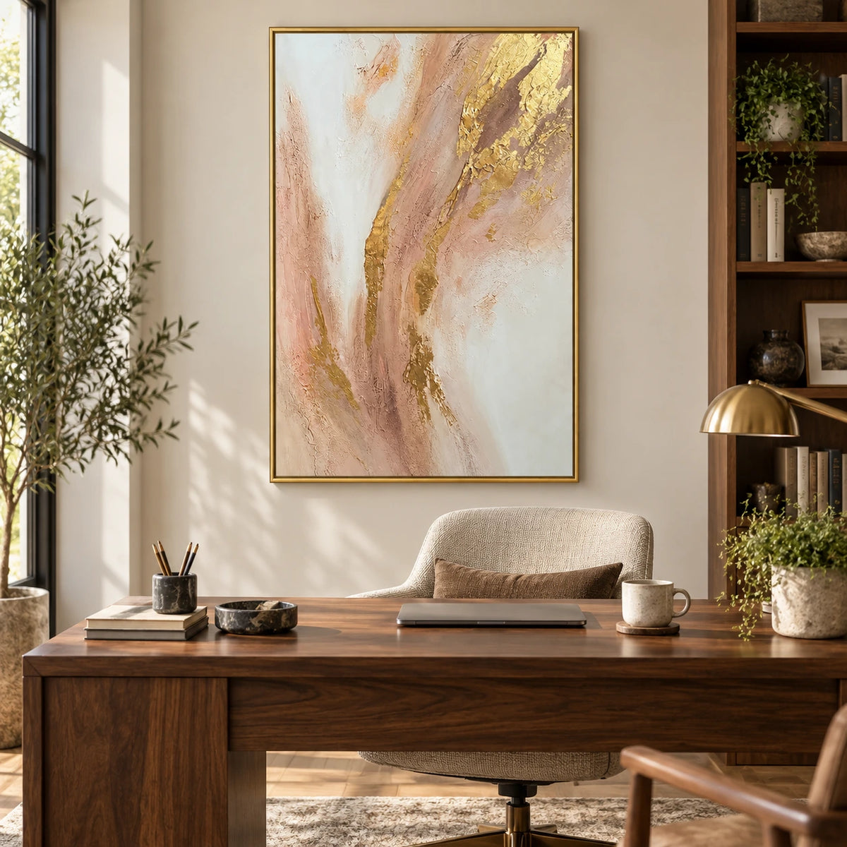 Blush Pink Ivory and Gold Abstract Oil Painting | Flowing Metallic Accents Vertical Neutral Textured Wall Art #OA 1835