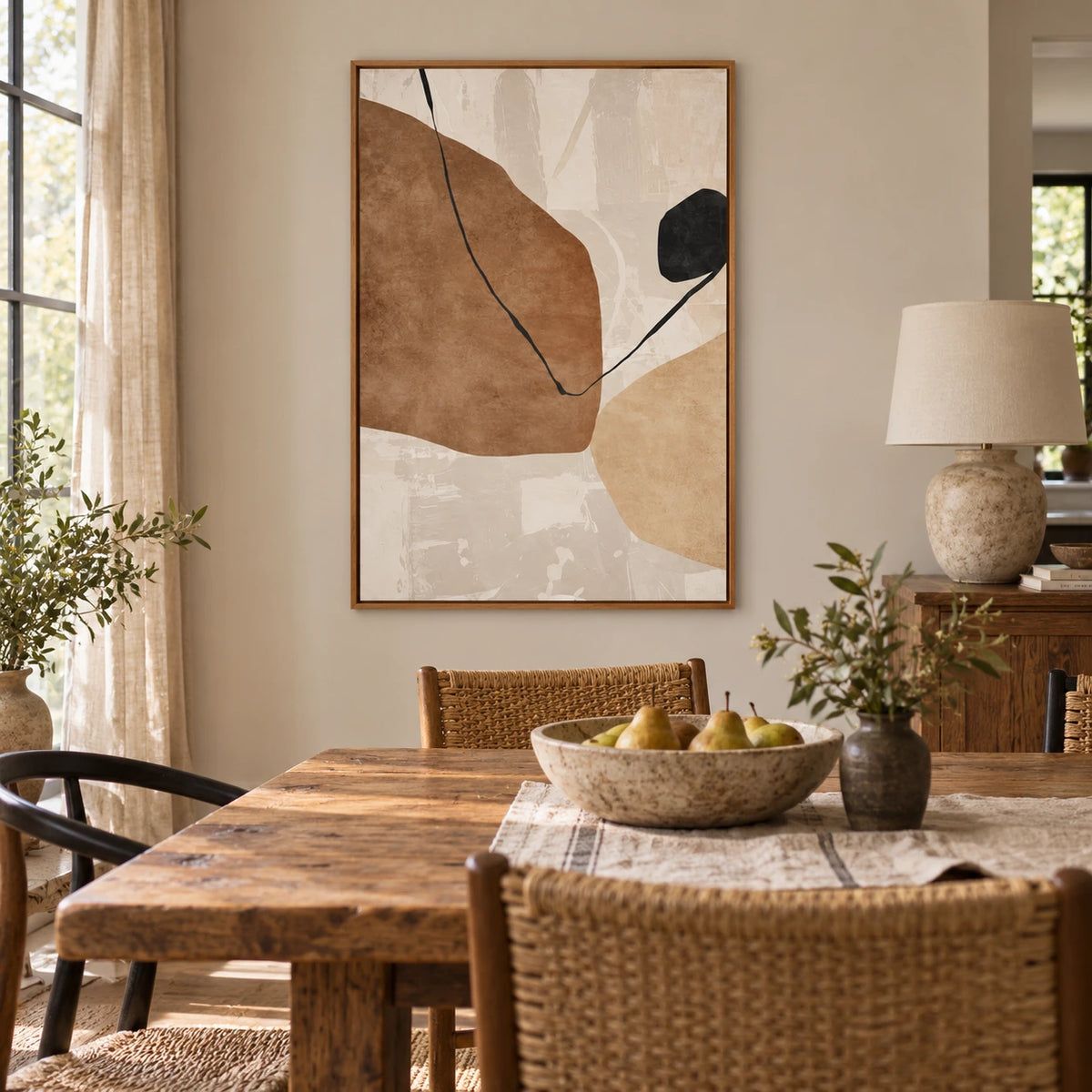 Brown Beige and Black Organic Oil Painting | Fine Curved Line on Cream Minimalist Vertical Abstract Wall Art OA 1761