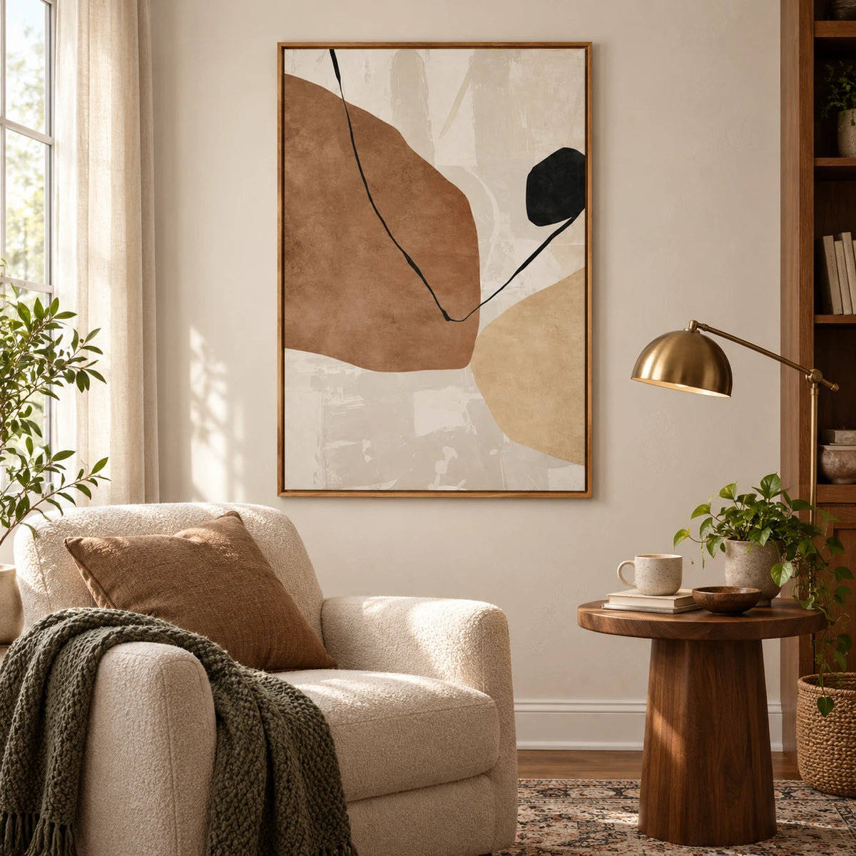 Brown Beige and Black Organic Oil Painting | Fine Curved Line on Cream Minimalist Vertical Abstract Wall Art OA 1761