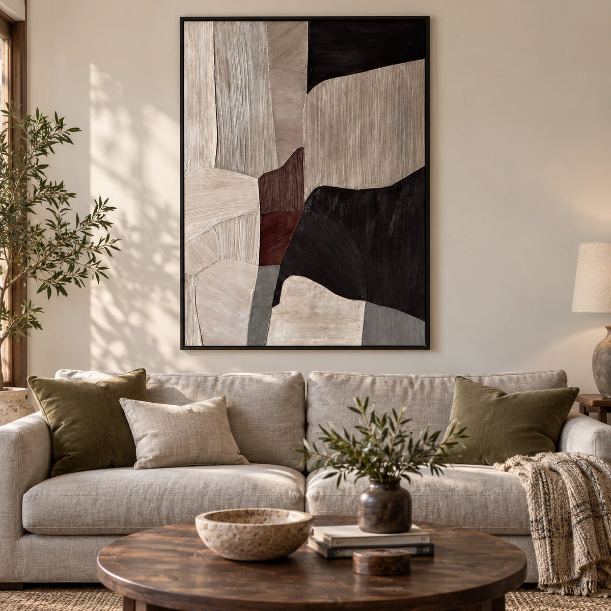 Brown Black and Grey Abstract Oil Painting | Angular Shapes and Fine Linear Texture Vertical Neutral Wall Art #OA 1824