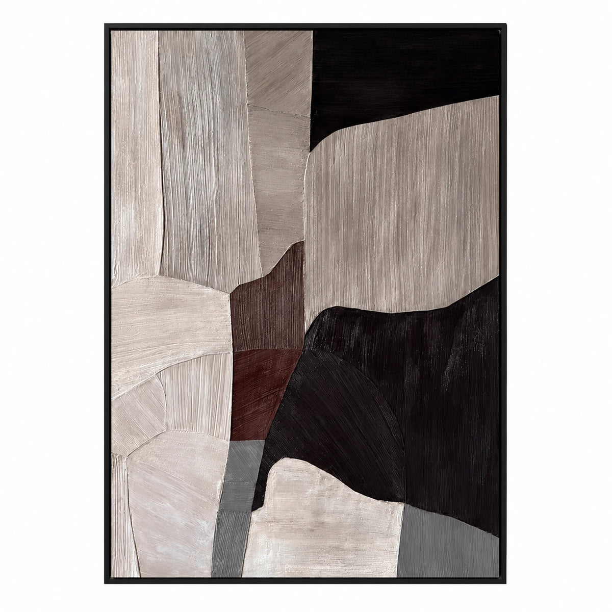 Brown Black and Grey Abstract Oil Painting | Angular Shapes and Fine Linear Texture Vertical Neutral Wall Art #OA 1824