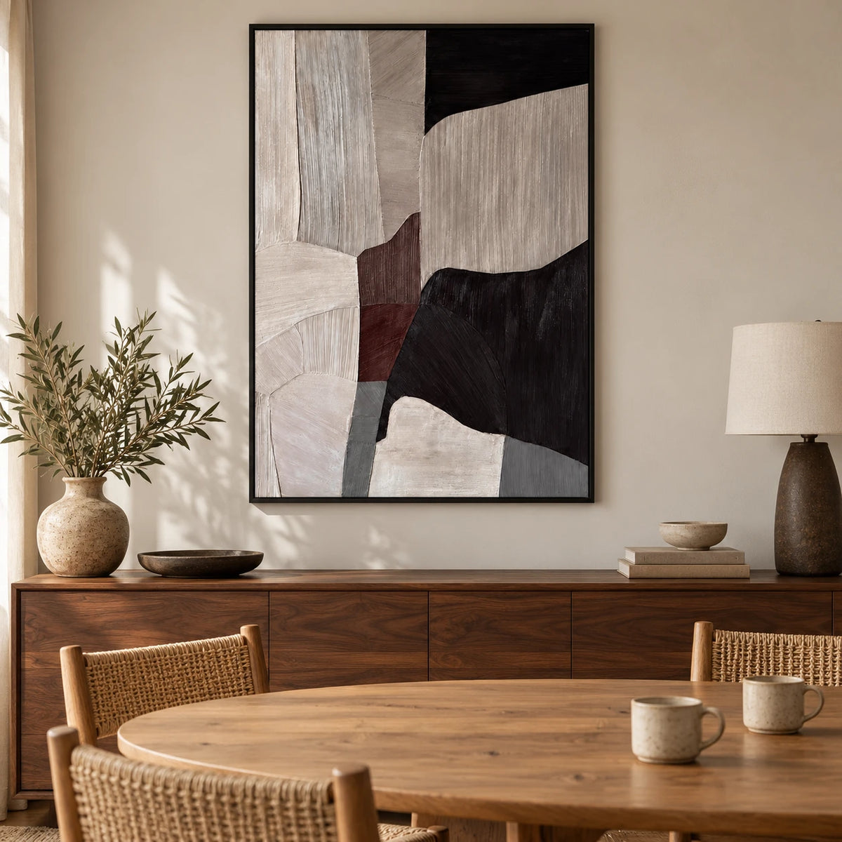 Brown Black and Grey Abstract Oil Painting | Angular Shapes and Fine Linear Texture Vertical Neutral Wall Art #OA 1824