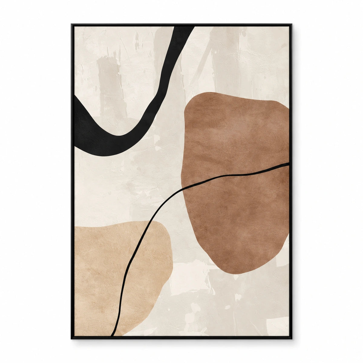 Brown and Cream Abstract Oil Painting | Black Flowing Lines and Organic Shapes Minimalist Vertical Wall Art OA 1745