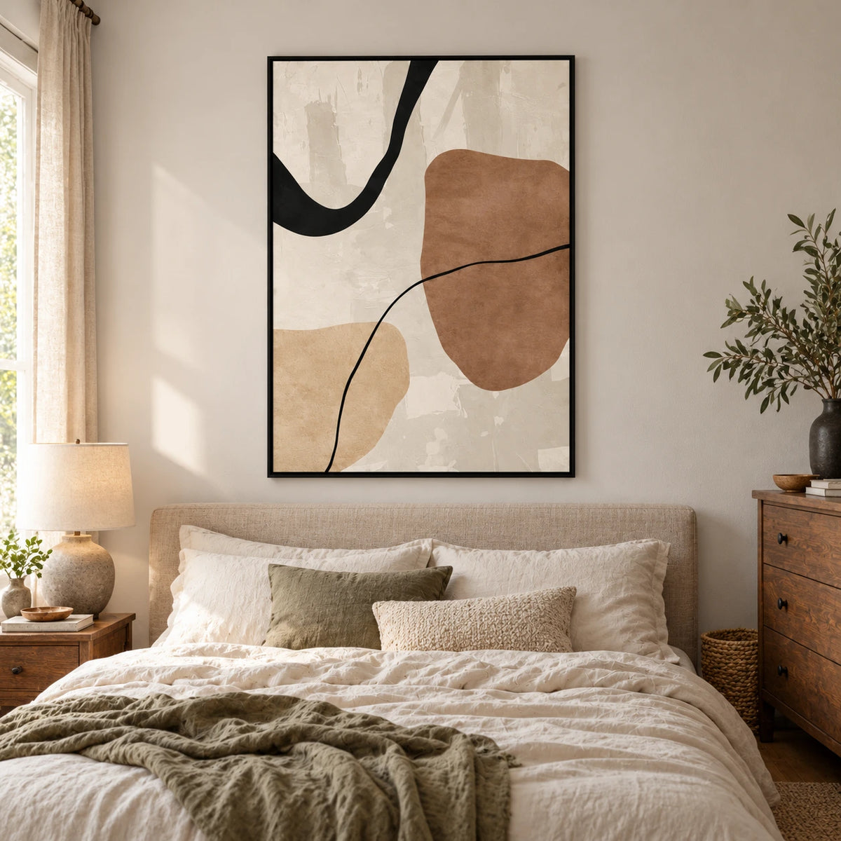 Brown and Cream Abstract Oil Painting | Black Flowing Lines and Organic Shapes Minimalist Vertical Wall Art OA 1745