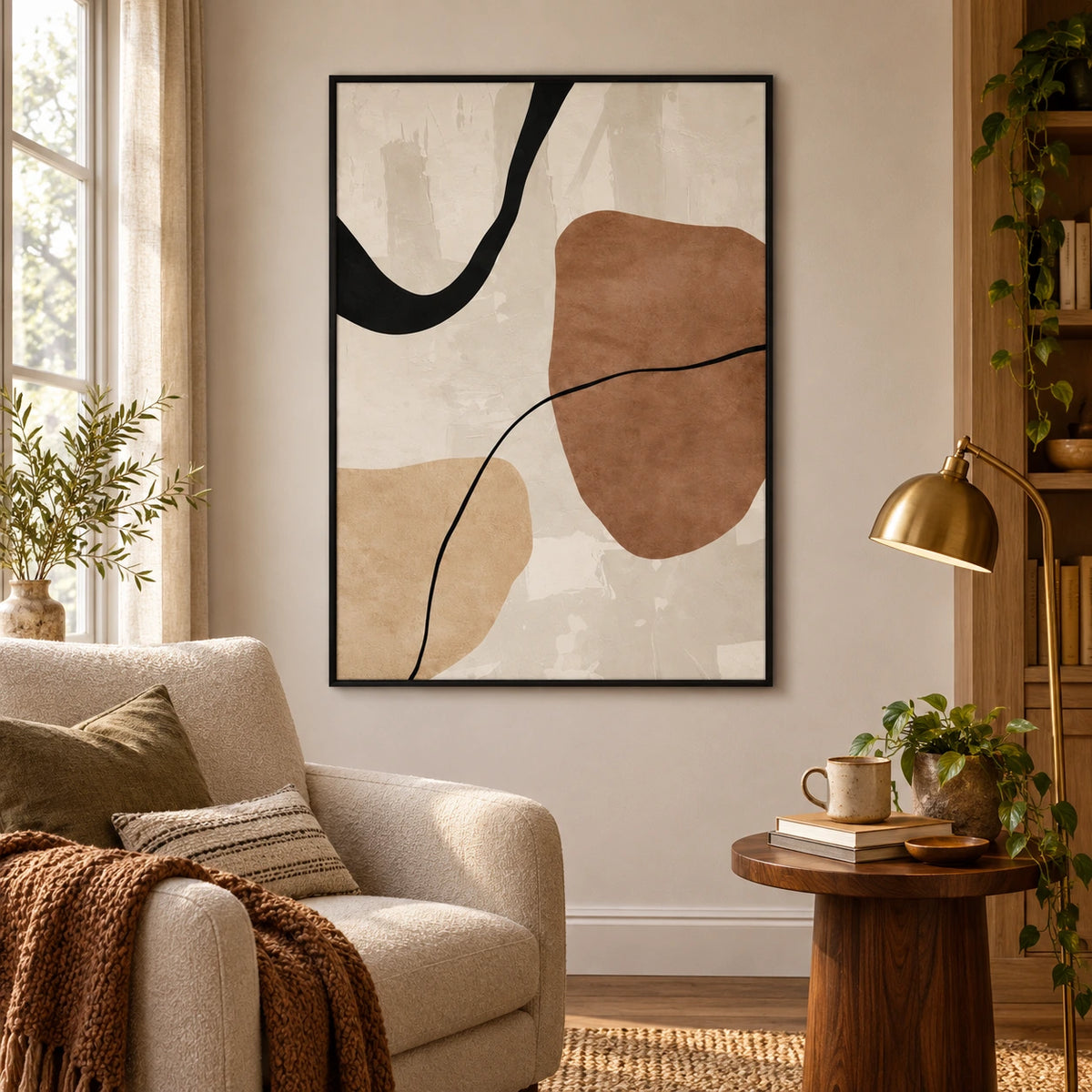 Brown and Cream Abstract Oil Painting | Black Flowing Lines and Organic Shapes Minimalist Vertical Wall Art OA 1745