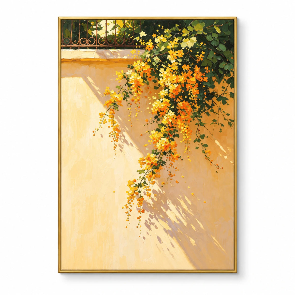 Cascading Yellow Flowers on Sunlit Wall Oil Painting | Green Foliage and Garden Shadows Vertical Botanical Wall Art #OA 1695