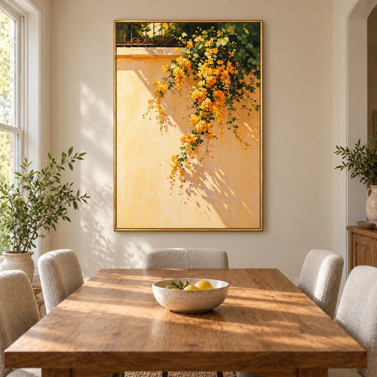 Cascading Yellow Flowers on Sunlit Wall Oil Painting | Green Foliage and Garden Shadows Vertical Botanical Wall Art #OA 1695