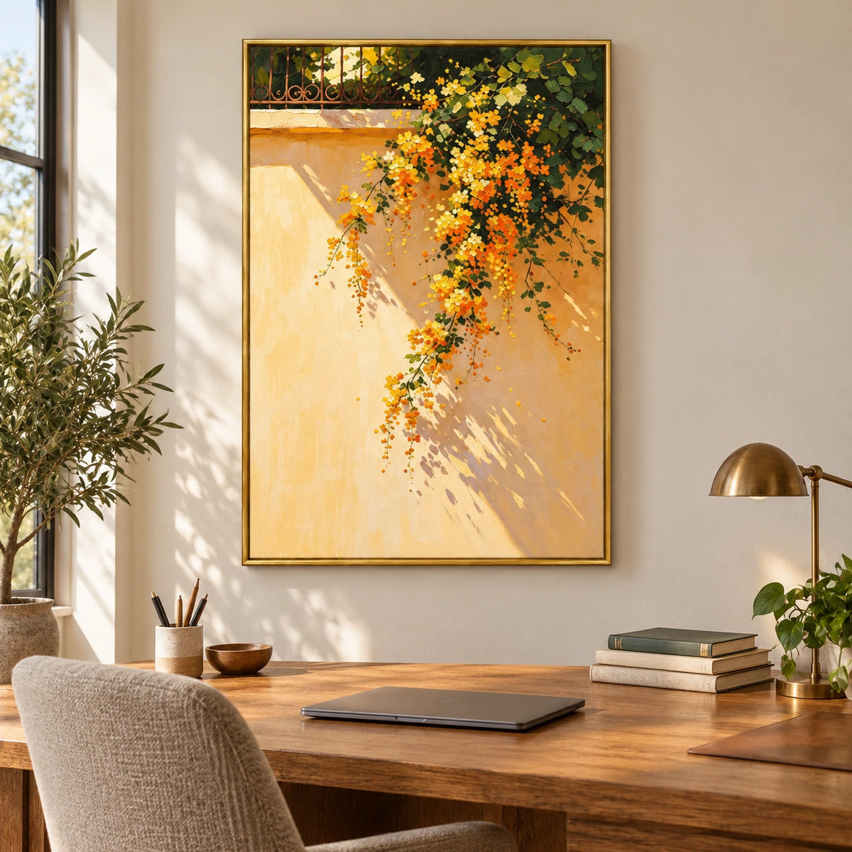 Cascading Yellow Flowers on Sunlit Wall Oil Painting | Green Foliage and Garden Shadows Vertical Botanical Wall Art #OA 1695