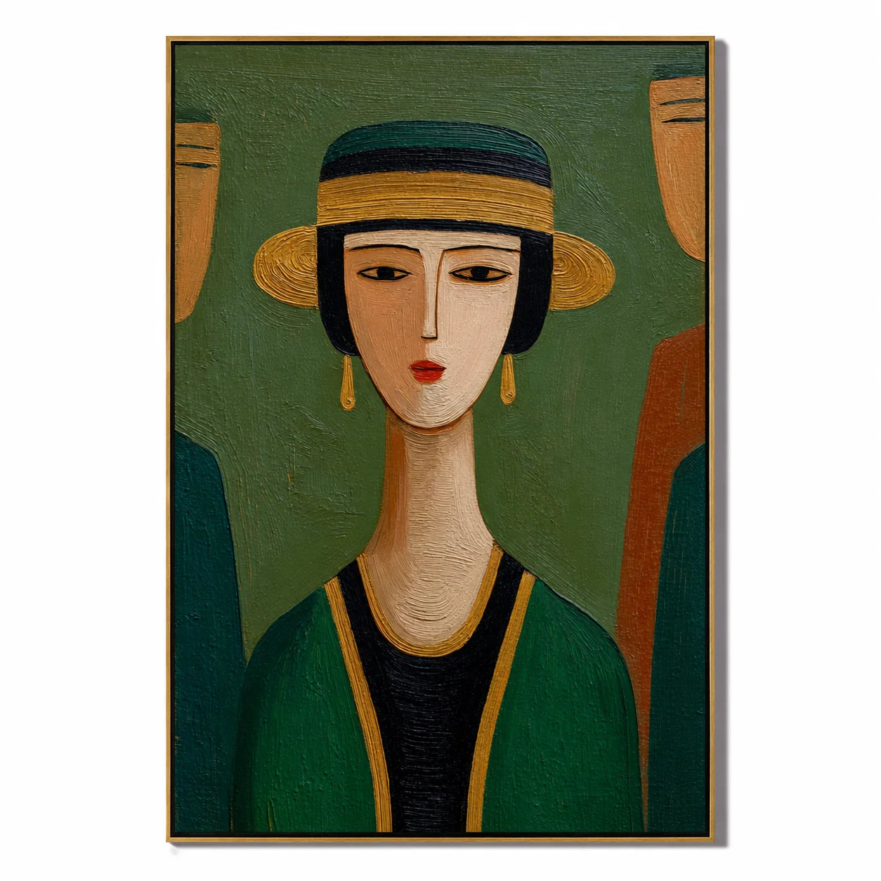 Hand-Painted Figurative Oil Painting, Textured Green Portrait Wall Art for Modern Home Decor OA#0910