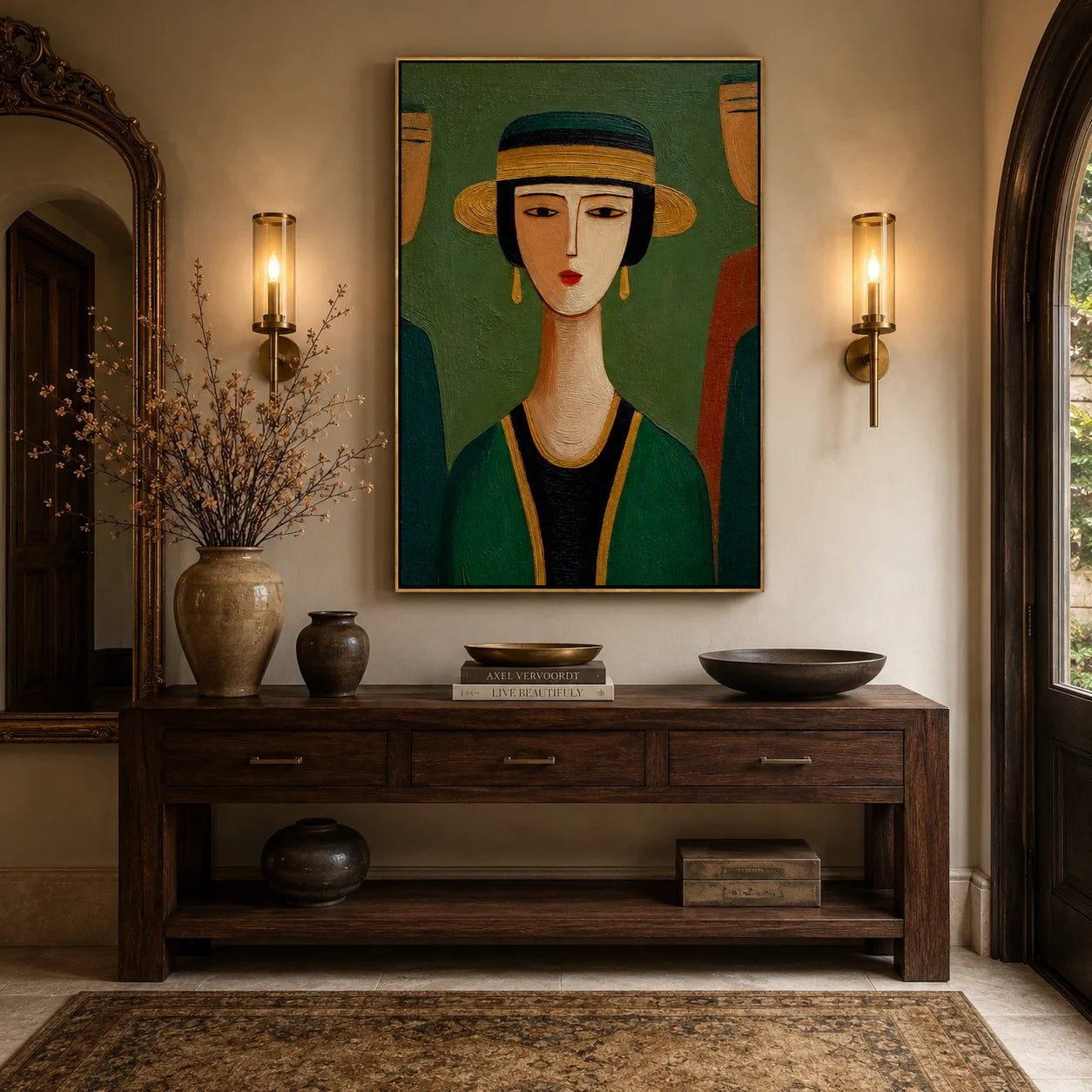 Hand-Painted Figurative Oil Painting, Textured Green Portrait Wall Art for Modern Home Decor OA#0910