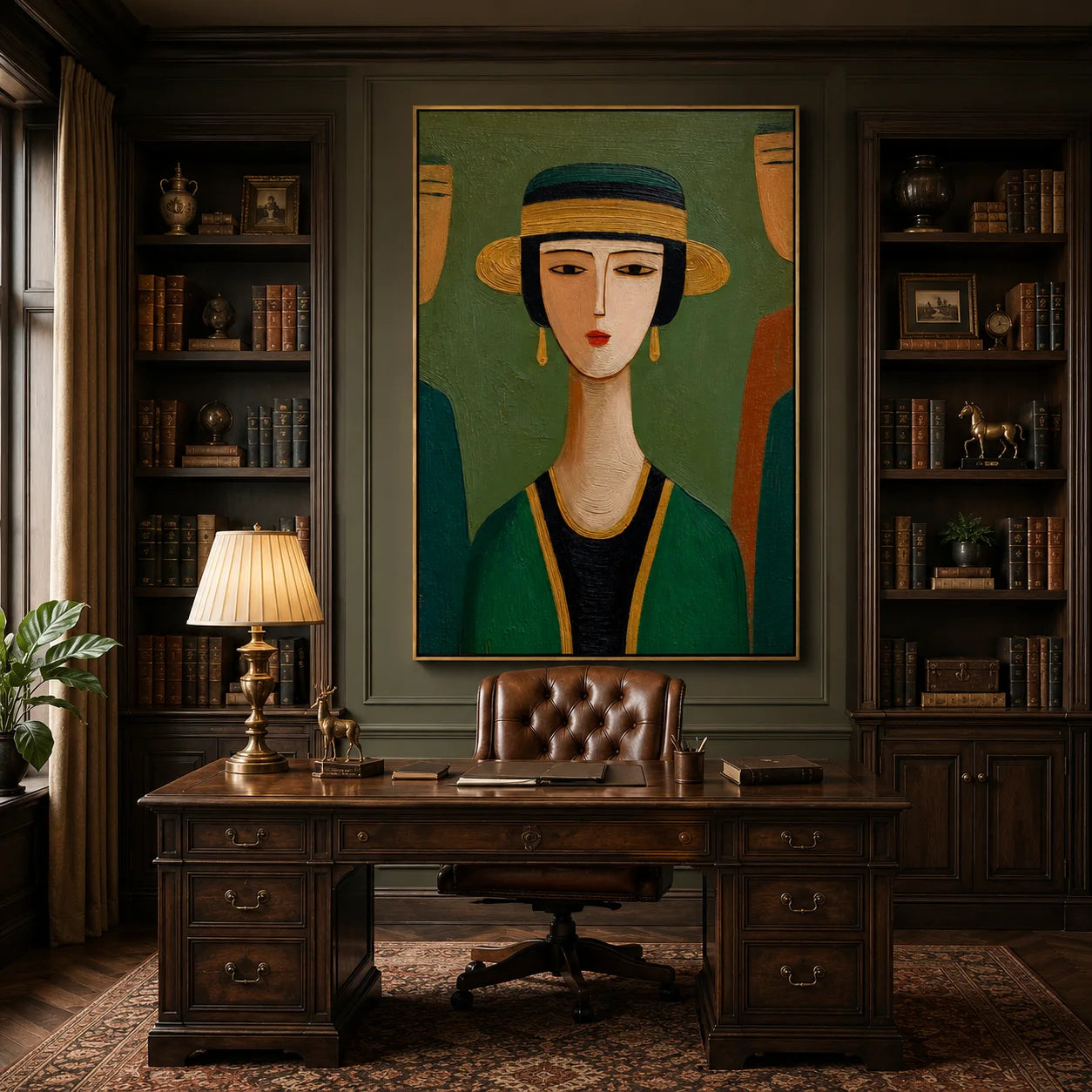 Hand-Painted Figurative Oil Painting, Textured Green Portrait Wall Art for Modern Home Decor OA#0910