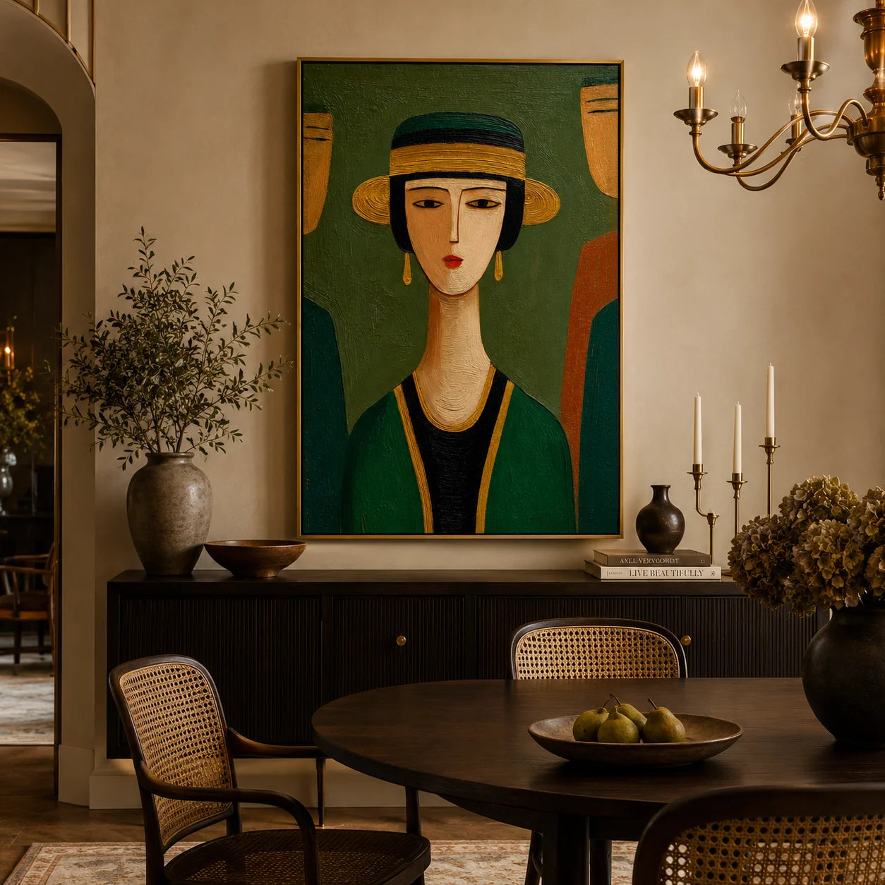 Hand-Painted Figurative Oil Painting, Textured Green Portrait Wall Art for Modern Home Decor OA#0910
